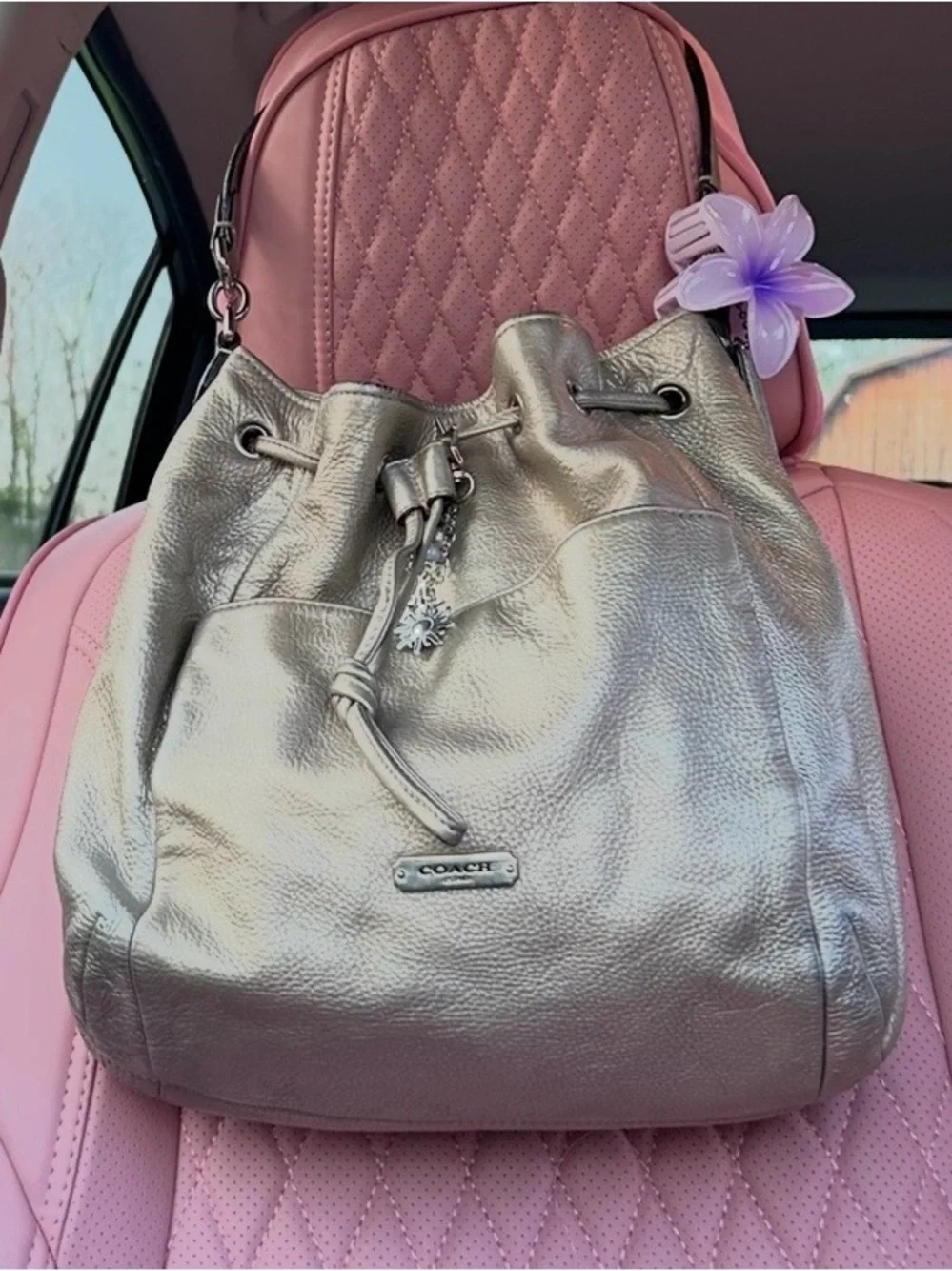 Coach Metallic Silver Drawstring Bucket Bag